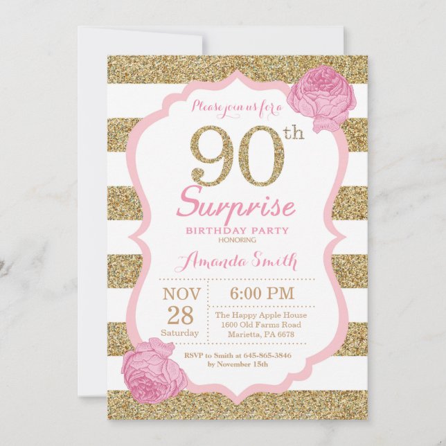 Pink and Gold Surprise 90th Birthday Invitation (Devant)
