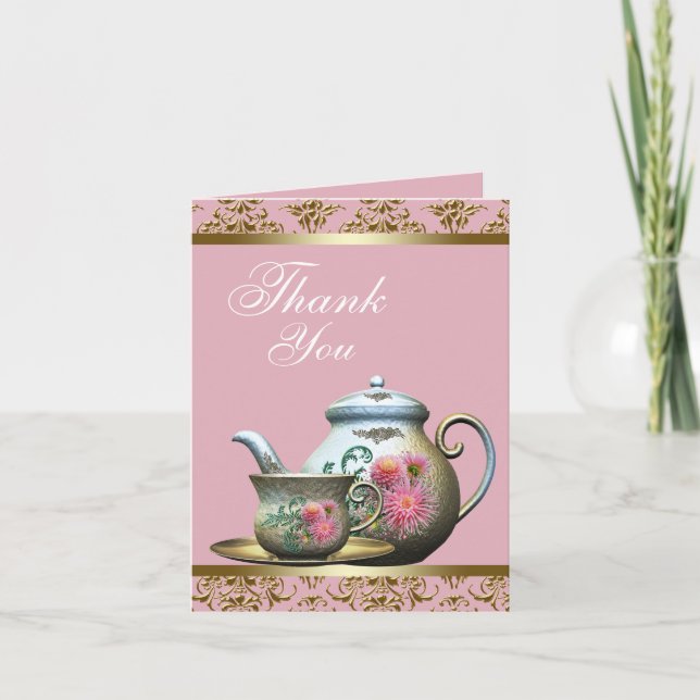 Pink and Gold Teapot and Tea Cup Thank You Cards Dankeskarte (Vorderseite)