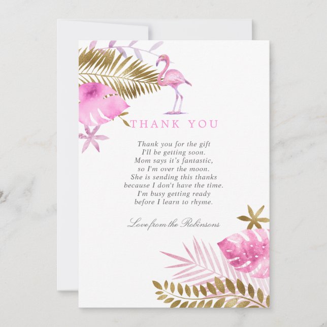 Pink and Gold Tropical Flamingo Baby Dusche Dank Dankeskarte (Vorderseite)