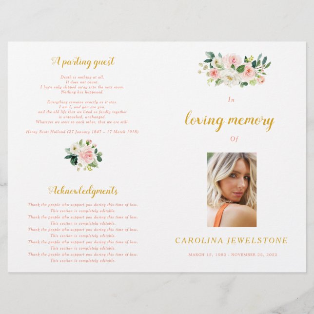 Pink And Gold Woman Celebration Of Life Program (Vorderseite)