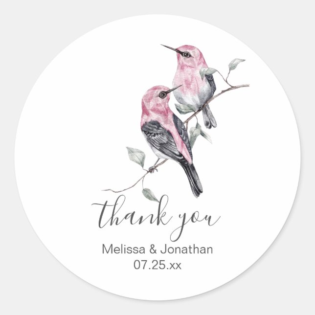 Pink and Gray Hummingbird Wedding Danke Runder Aufkleber (Vorderseite)