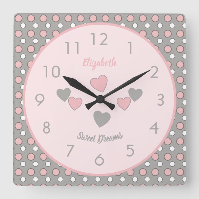 Pink and gray with polka dots and name quadratische wanduhr (Vorderseite)