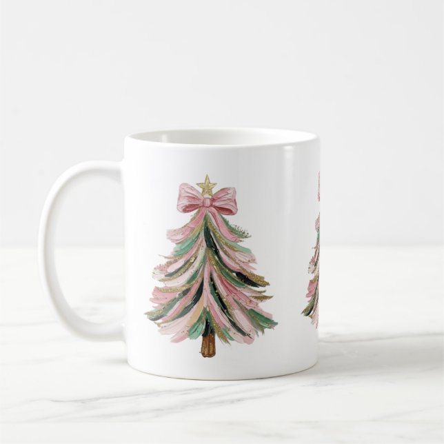 Pink and Green Brushstroke Christmas Tree Mug Kaffeetasse (Links)