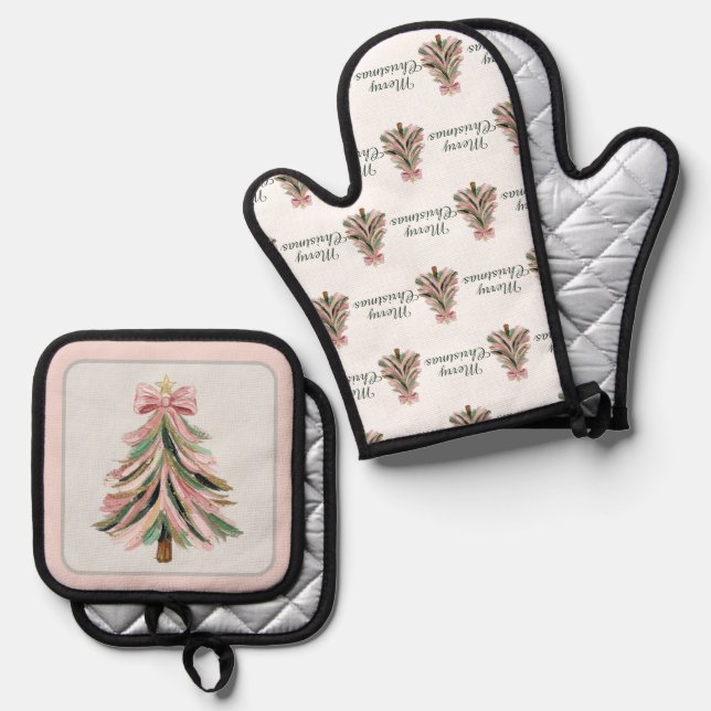 Pink and Green Brushstroke Christmas Tree Ofenhandschuh & Topflappen-Set (Vorderseite/Rückseite)
