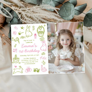 Pink and Green Easter 1st Birthday Photo Einladung