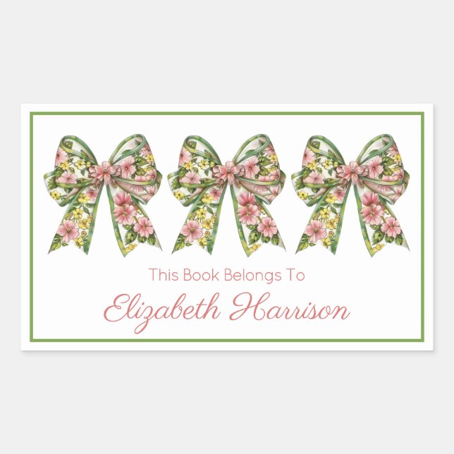 Pink and Green Floral Personalized Bookplate Rechteckiger Aufkleber (Vorderseite)