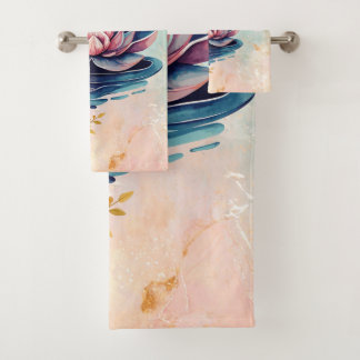 Pink and Green Lotus Floral Art Badhandtuch Set