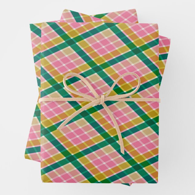 Pink and Green Modern Plaid Christmas Pattern Geschenkpapier Set (Beispiel)