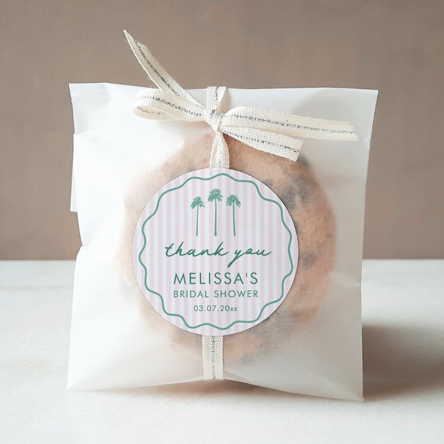 Pink And Green Palm Springs Bridal Shower Favor Runder Aufkleber (Palm Springs Before The Rings Bridal Shower pink mint thank you favor sticker with squiggle border)