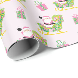 Pink and Green Preppy Palm Beach Santa Claus Geschenkpapier