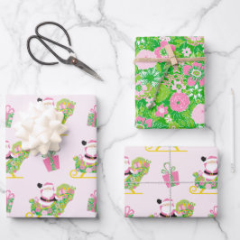 Pink and Green Preppy Palm Beach Santa Claus Geschenkpapier Set