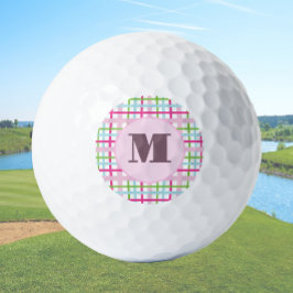 Pink and green preppy plaid custom monogram ladies golfball