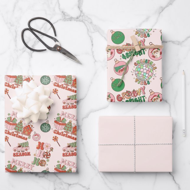 Pink and Green Retro Christmas  Geschenkpapier Set (Vorderseite)