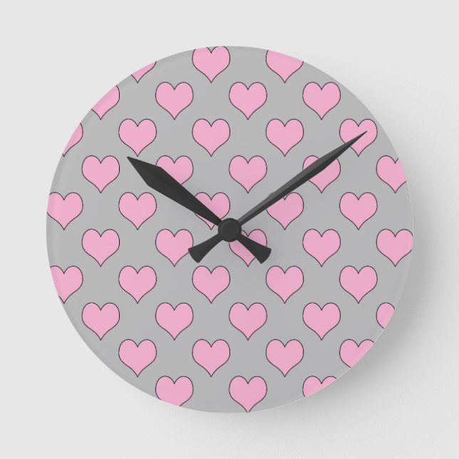 Pink and grey valentine heart pattern wall clock runde wanduhr (Vorderseite)