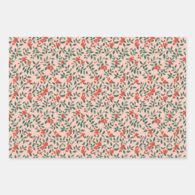 Pink and Holly Christmas Wrapping Paper Geschenkpapier Set (Vorderseite)