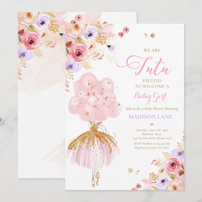 Pink and Lilac Floral Ballerina Babydusche Einladung (Vorne/Hinten)