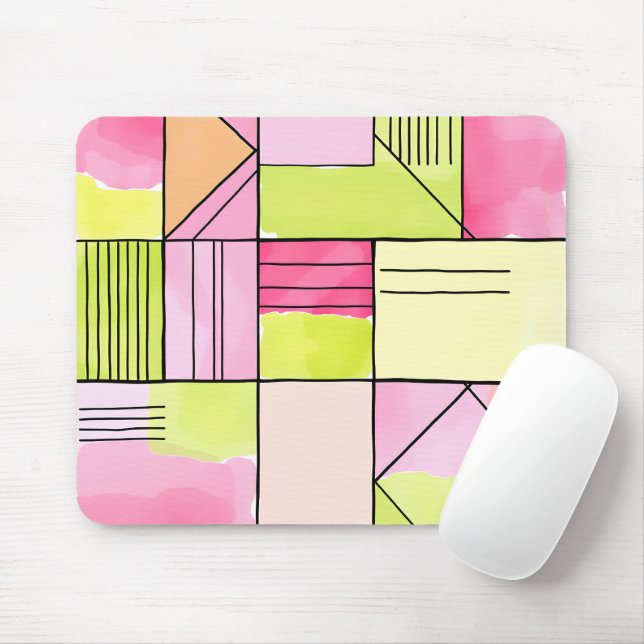 Pink and Lime-Green Patchwork Abstract Mousepad (Mit Mouse)