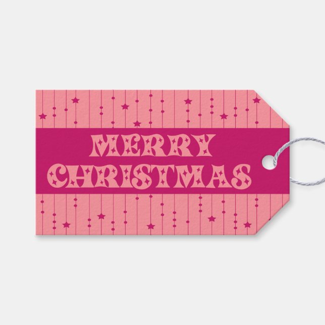 Pink and Magenta Bright Stars Merry Christmas Geschenkanhänger (Vorderseite (Horizontal))
