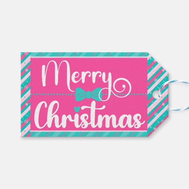 Pink and Mint Bright Christmas Diagonal Stripe Geschenkanhänger (Vorderseite (Horizontal))