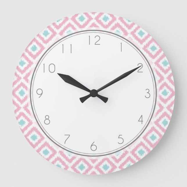 Pink and Mint Diamond Ikat Pattern Große Wanduhr (Vorderseite)