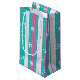 Pink and Mint Vertical Striped Snowflake Kleine Geschenktüte