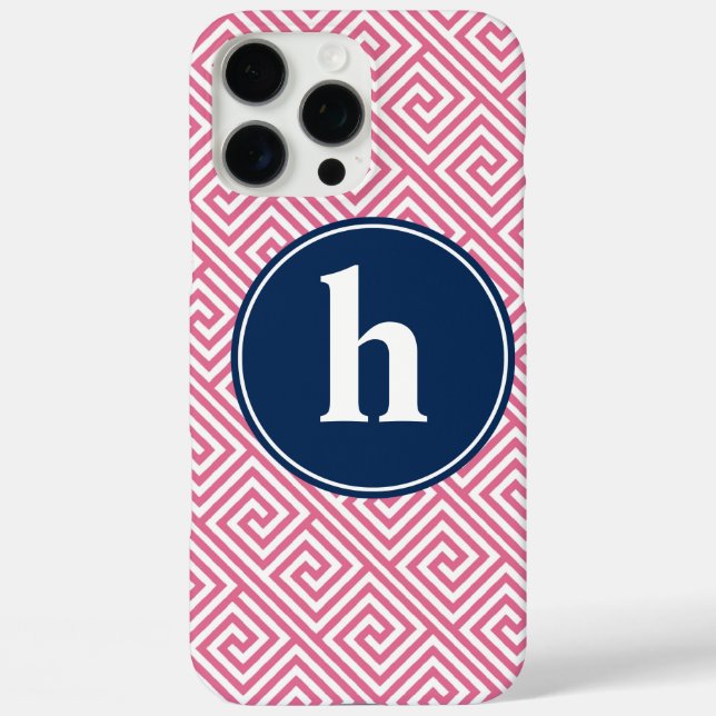Pink and Navy Blue Greek Key Pattern Monogram iPhone 16 Pro Max Hülle (Rückseite)