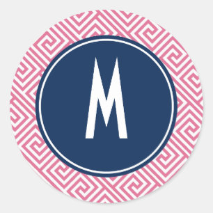 Pink and Navy Blue Greek Key Pattern Monogram Runder Aufkleber
