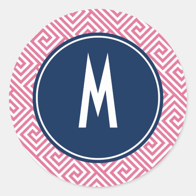 Pink and Navy Blue Greek Key Pattern Monogram Runder Aufkleber (Vorderseite)