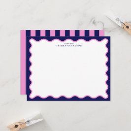 Pink and Navy Wavy Frame Note Card with Striped Ba Einladung