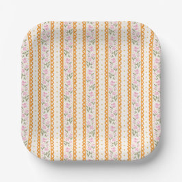 Pink and Orange Cottage Floral Stripe Patterned Pappteller
