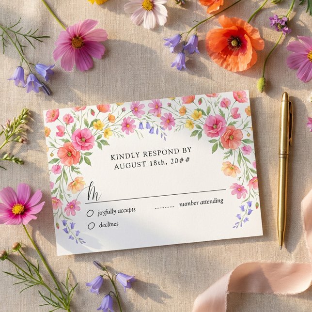 Pink and Orange Wildflower Wedding RSVP Card Karte (Pretty floral RSVP card from the Wildflower Bloom collection by Darling & May)