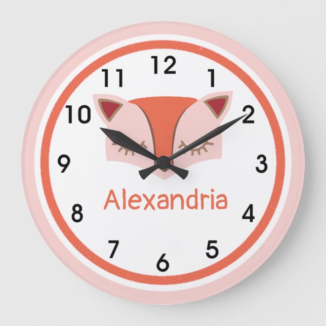 Pink and Orange Woodland Fox Face Acrylic Große Wanduhr (Vorderseite)
