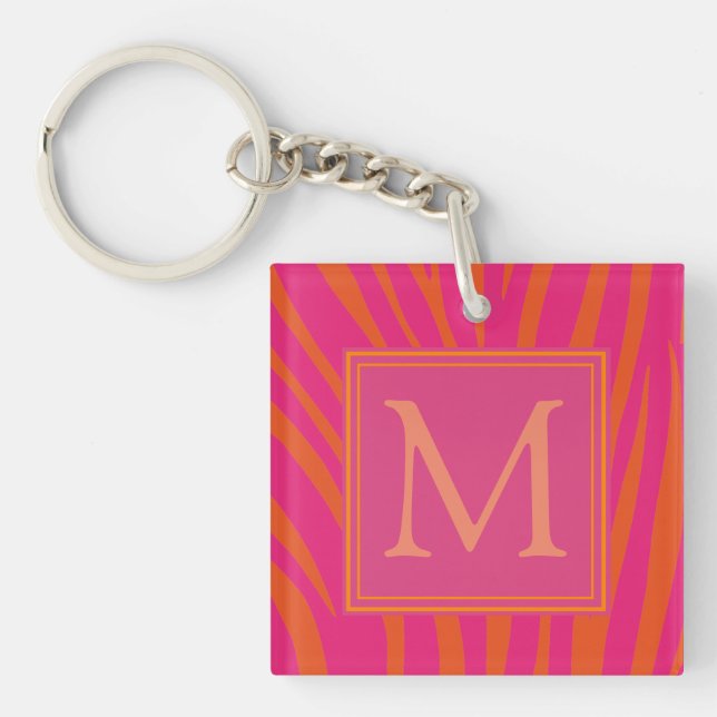 Pink and Orange Zebra Stripes Monogram Schlüsselanhänger (Vorderseite)
