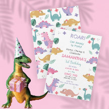 Pink and Pastel Girls Dinosaur Birthday Invitation