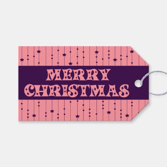 Pink and Purple Bright Stars Merry Christmas Geschenkanhänger (Vorderseite (Horizontal))