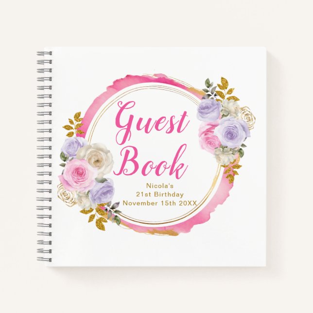 Pink and Purple Elegant Flower Birthday Guest Book Notizbuch (Vorderseite)
