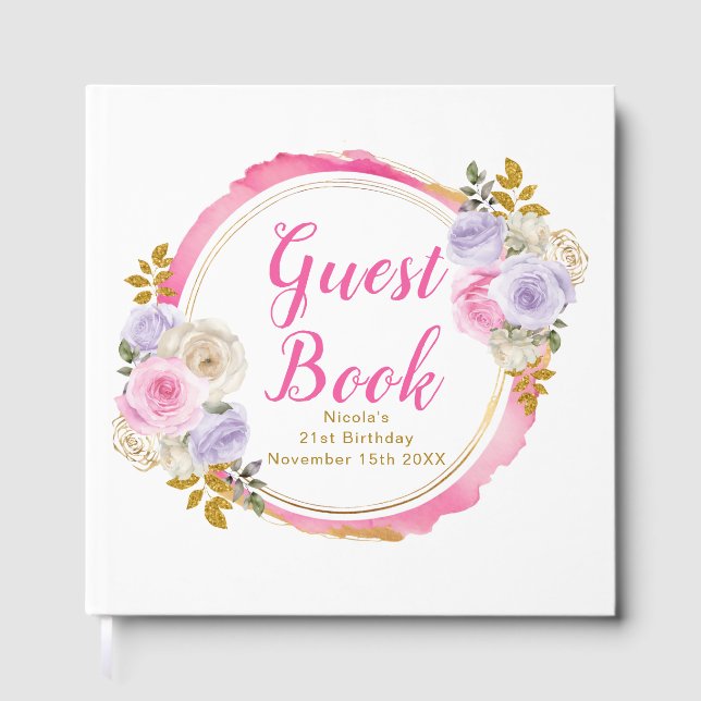 Pink and Purple Elegant Flowers Birthday Party Gästebuch (Vorderseite)
