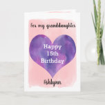 Pink and Purple Happy 15th Birthday Granddaughter Karte<br><div class="desc">A pretty purple and pink 15th birthday granddaughter card that feature a watercolor heart against pretty pink watercolor, which you can personalize underneath the heart with name. The inside of this watercolors birthday card reads a heartfelt detection, which an be easily personalized. The back feys the heart along with Happy...</div>