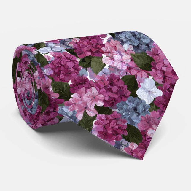 Pink and Purple Hydrangea Floral Pattern Krawatte (Gerollt)
