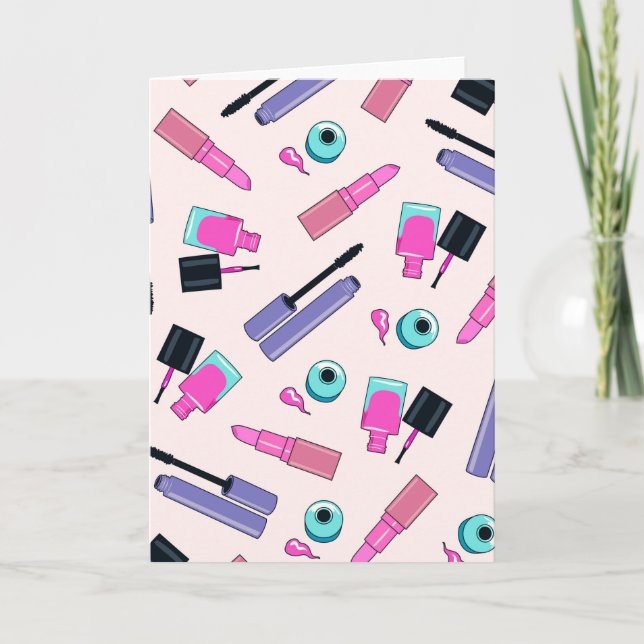 Pink and Purple Make Up Cosmetics Pattern Karte (Vorderseite)