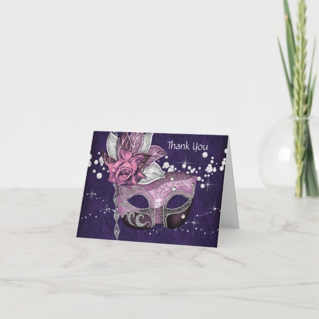 Pink and Purple Masquerade Party Merci Cartes (Devant)