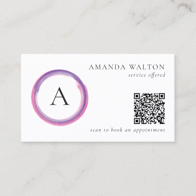 Pink and Purple Monogram QR Code Modern Visitenkarte (Vorderseite)