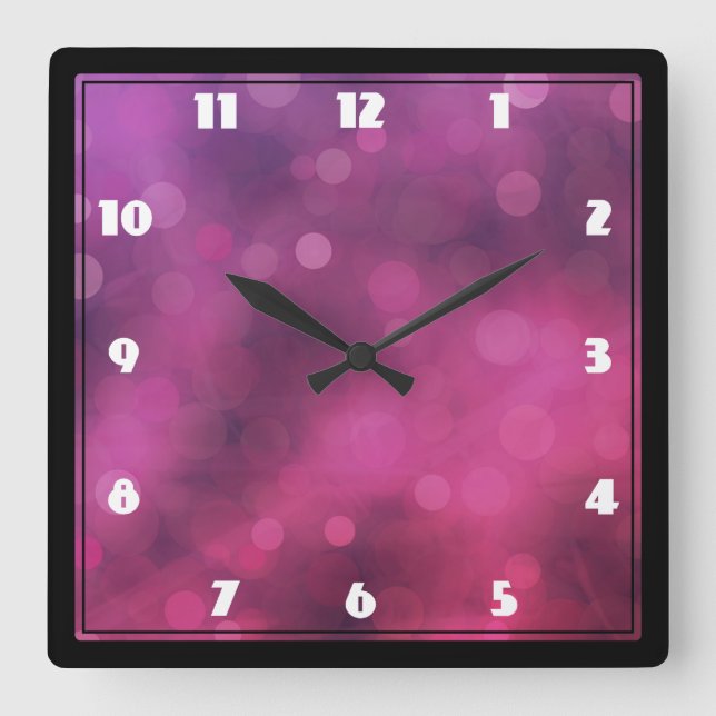 Pink and Purple Sparkling Lights Bokeh Pattern Quadratische Wanduhr (Vorderseite)