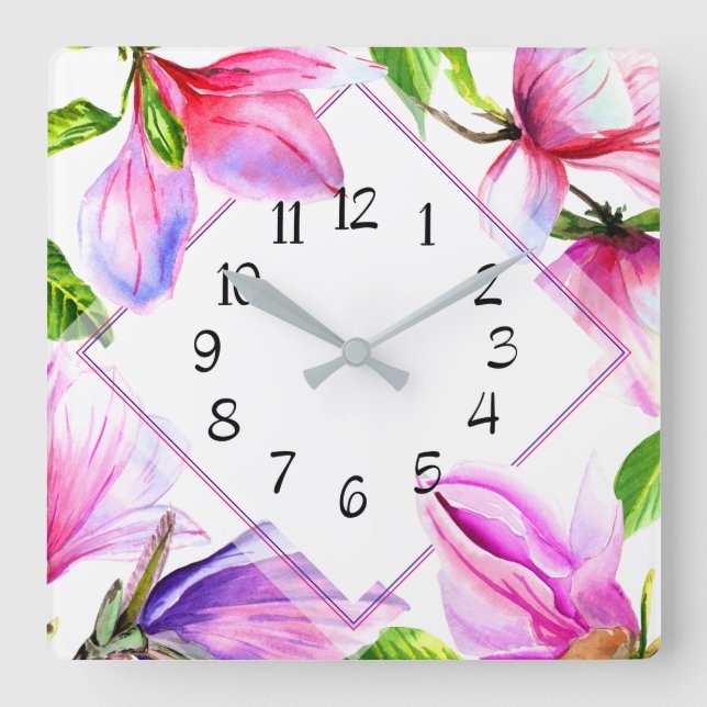 Pink and Purple Violet Floral Wall Clock Quadratische Wanduhr (Vorderseite)