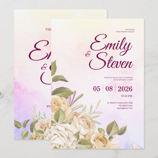 Pink and Purple Watercolor Elegance Wedding Einladung (Vorne/Hinten)