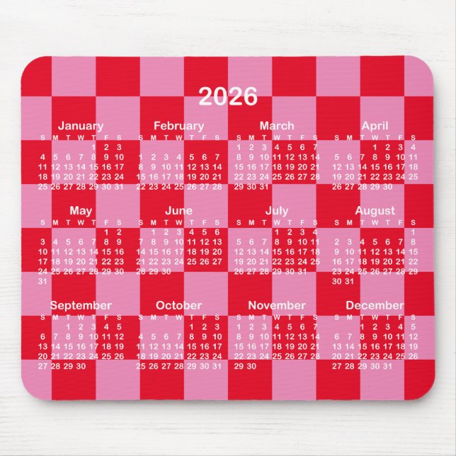 Pink and Red Checkerboard 2026 Calendar Mousepad (Vorne)