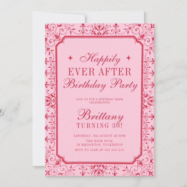 Pink and Red Chic Book Birthday Party Einladung (Vorderseite)