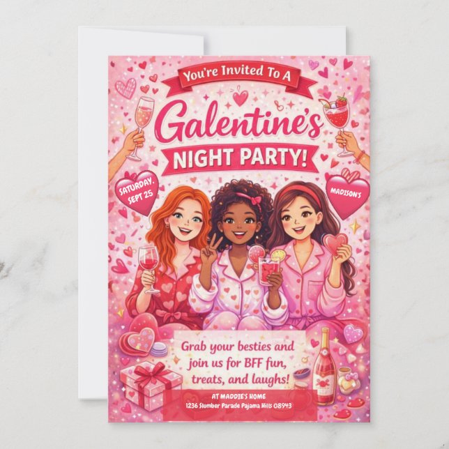 Pink and Red Galentine's Night Party Invitation (Devant)