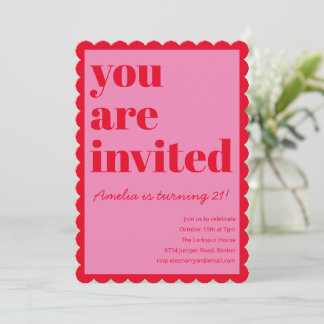 Pink and Red Modern 21st Scalloped Birthday Party Einladung