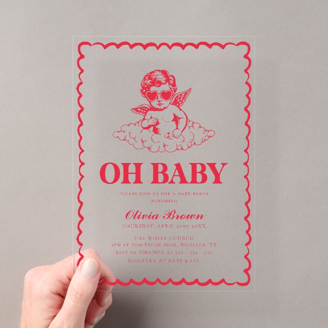 Pink and Red Retro Cherub Baby Shower Acryleinladungen (Insitu (Handheld))